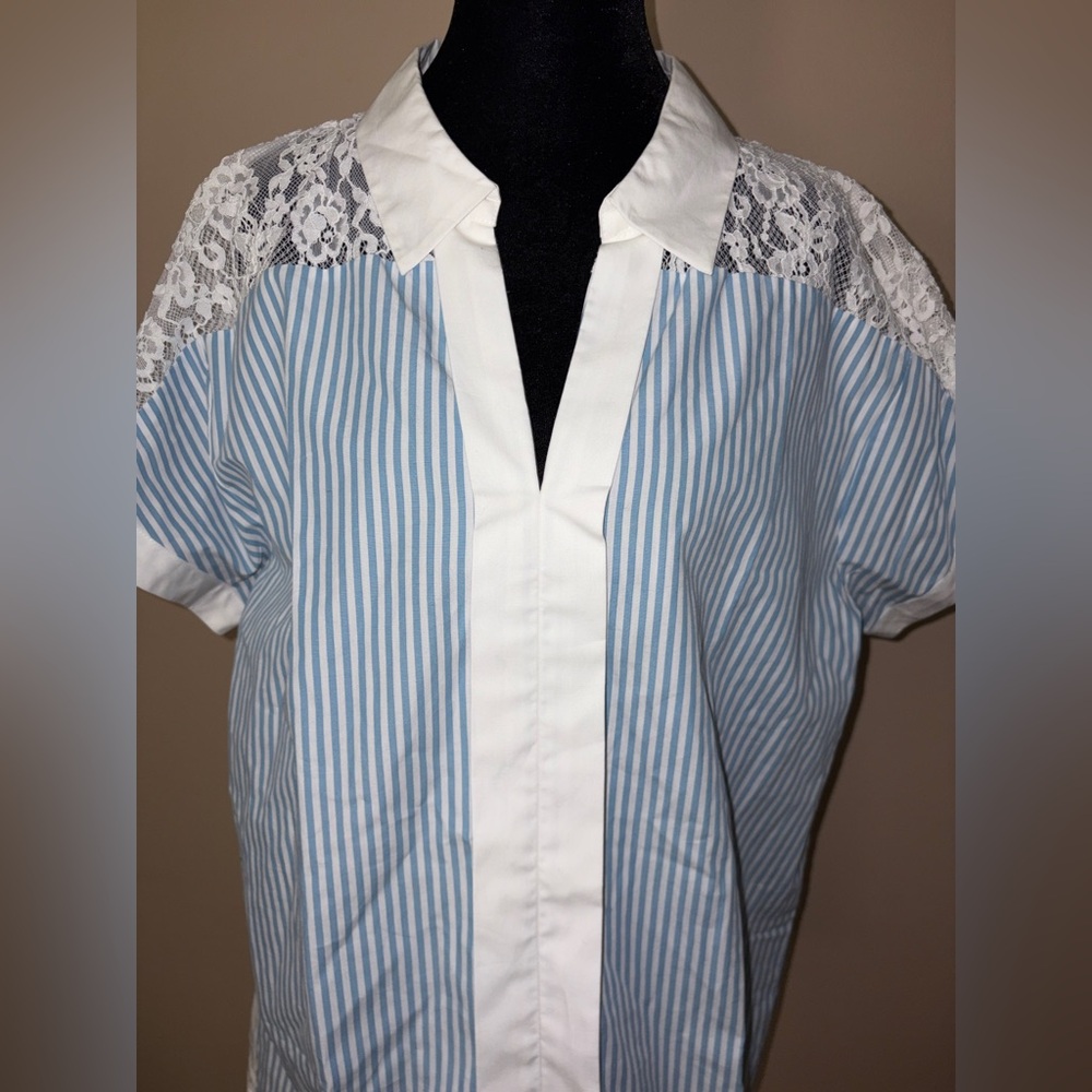 Karl Lagerfeld NWT Blue and White Striped Shirt with Lace Detail at Collar - Picture 3 of 7